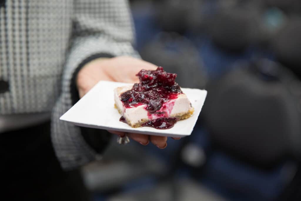 Close up shot of no-bake, animal-free blueberry cheesecake